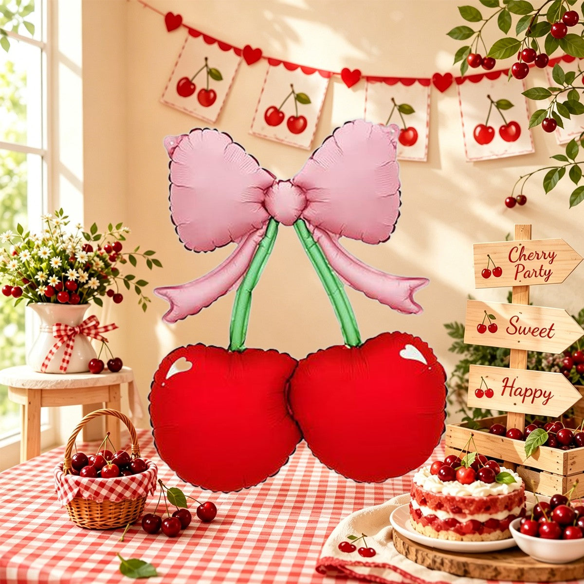 2pcs Set  Bowknot & Cherry Foil Balloons — Perfect for Birthdays, Summer Parties, Outdoor Picnics, and Cherry-Themed Events