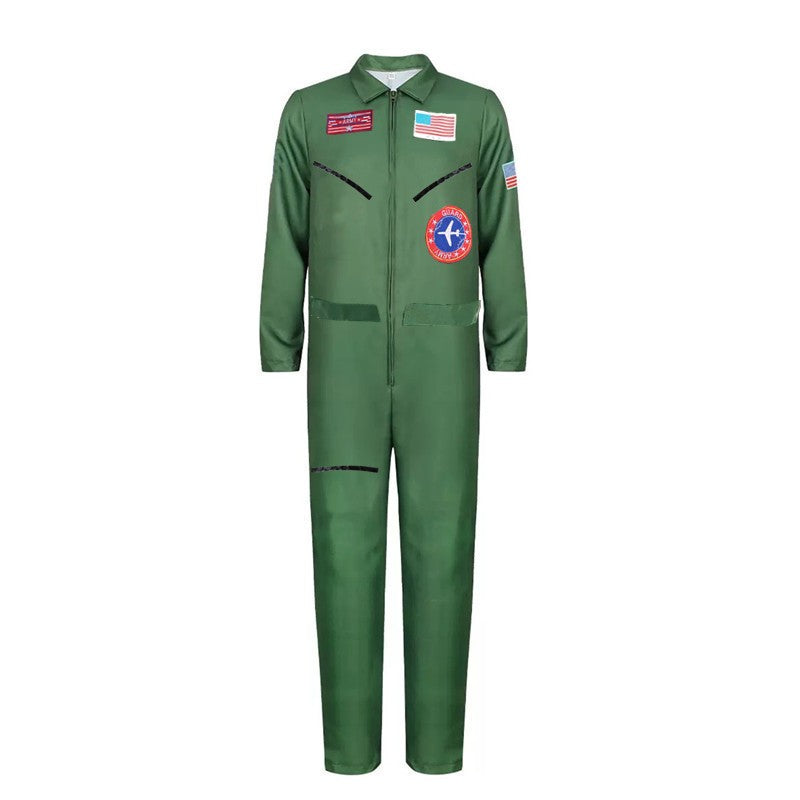 Men's Stylish Pilot Costume Air Force Pattern Jumpsuit Green Fighter Jet Outfit Halloween Costume Adult Masquerade Ball Carnival