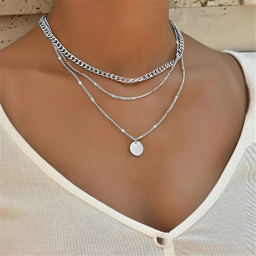 Colar Feminino de Prata Esterlina 925 com Três Camadas, Redondo, Corrente Snake Simples, Charm com Bola, Presente para Festa, Joia Exquisita Feminina