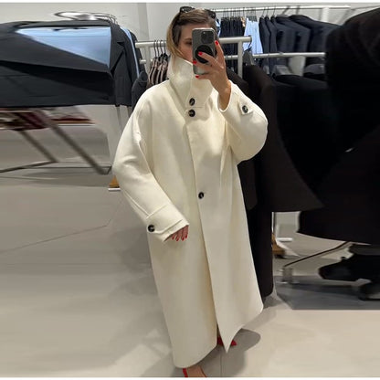 Elegant Stand Collar Long Coat Women Retro Chic Loose Single Breasted White Tweed Coats Lady 2025 Winter Casual Street Overcoats
