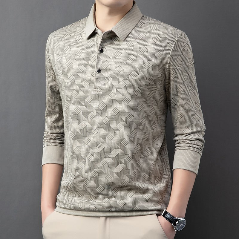 New Men's Business Casual Long Sleeved Shirt with Badge Solid Color Polo Shirt Fashionable Breathable Comfortable Versatile Top