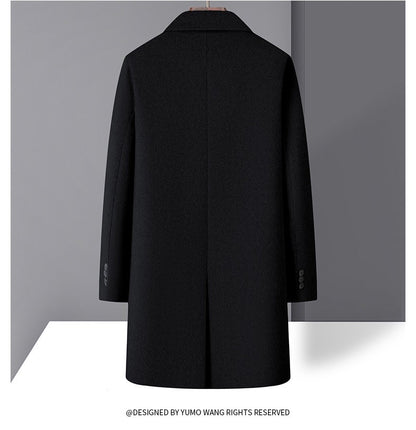 High-quality men's fashionable, stylish and versatile solid-color casual long woolen overcoat, wool woolen overcoat