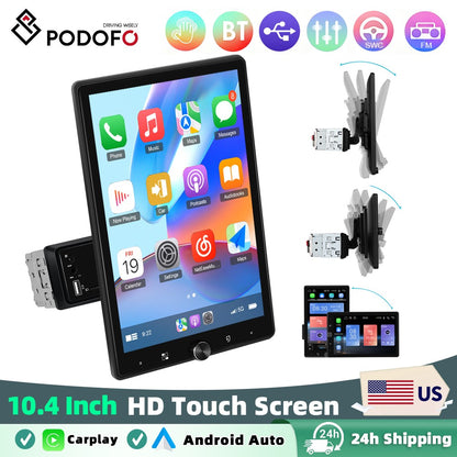 Podofo 10.4" Wireless CarPlay MP5 Player 1din Universally Rotation Car Multimedia Player Wireless Android Auto Car Radio Stereo