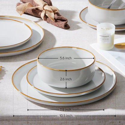 Conjunto de Pratos e Bowls para 4, Aparelho de Jantar em Grés de 12 Peças, Conjunto de Louças de Cerâmica com Esmalte Reativo, Micro-ondas e Lava-louças