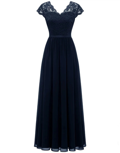 New 6-Color 5-Size Lace Splicing Long Waist-Cinching Elegant Dress Floor-Length V-Neck Polyester Fiber Evening Gown Dress