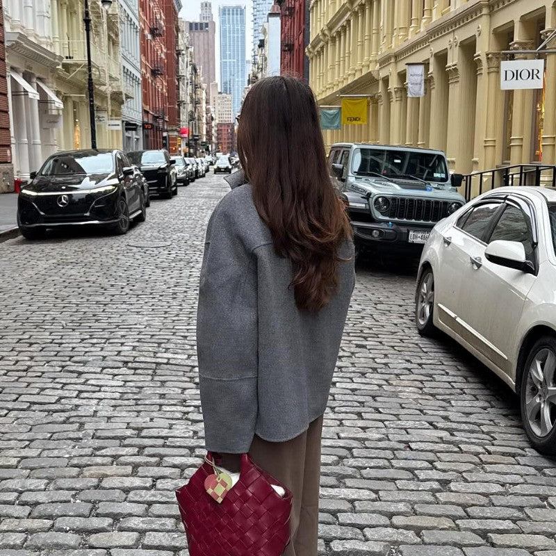 Elegant Stand Collar Woolen Jacket For Women Y2K Single Breasted Button Pockets Coat Lady 2025 Autumn Winter Street Chic Outwear