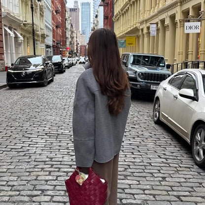 Elegant Stand Collar Woolen Jacket For Women Y2K Single Breasted Button Pockets Coat Lady 2025 Autumn Winter Street Chic Outwear