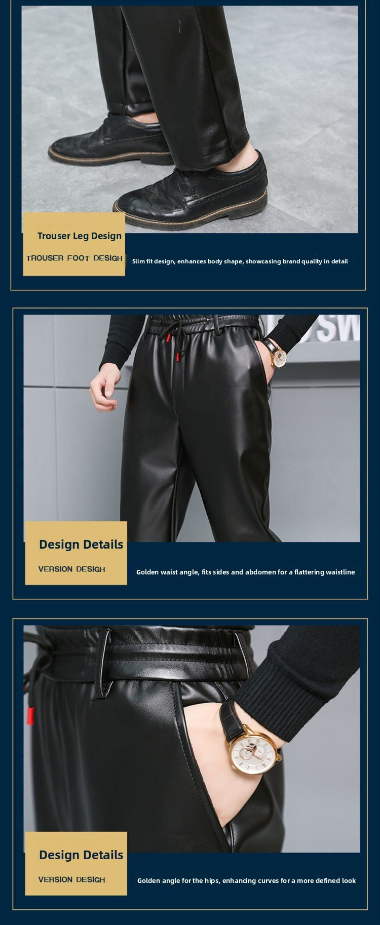 Men's Loose High-Waisted Fce-Lined Thiened Motorcycle Leather Pants Windproof Waterproof Busin Casual Long Trousers