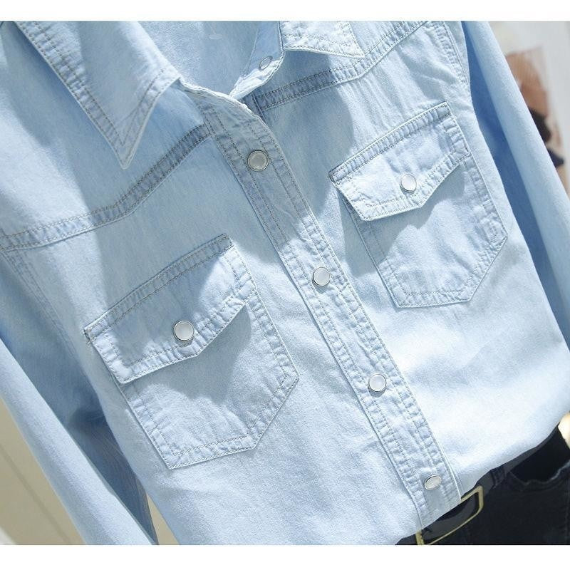 Women Blouse Denim Long Sleeve Spring Clothes Blue Lapel Shirt Blusas Mujer De Moda