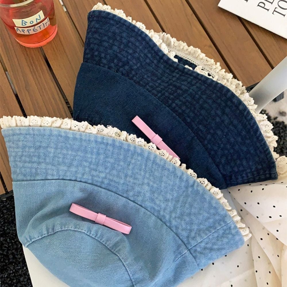 Retro Big Brimmed Denim Bucket Hat Bow Tie Y2K Lace Fisherman Hat Korean Style UV Protection Bow Sunscreen Hat Outdoor