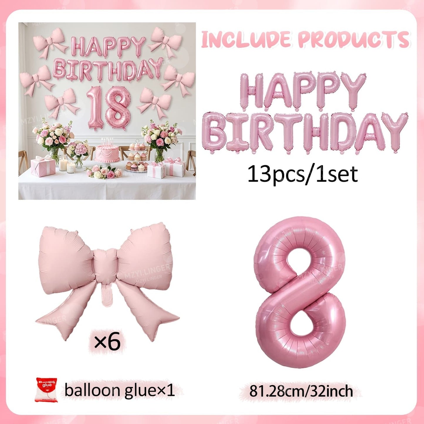 Pink Bow Birthday Balloon Happy Birthday Letter Balloon Used for Wedding, Valentine's Day, Birthday, Proposal Decoration Decor