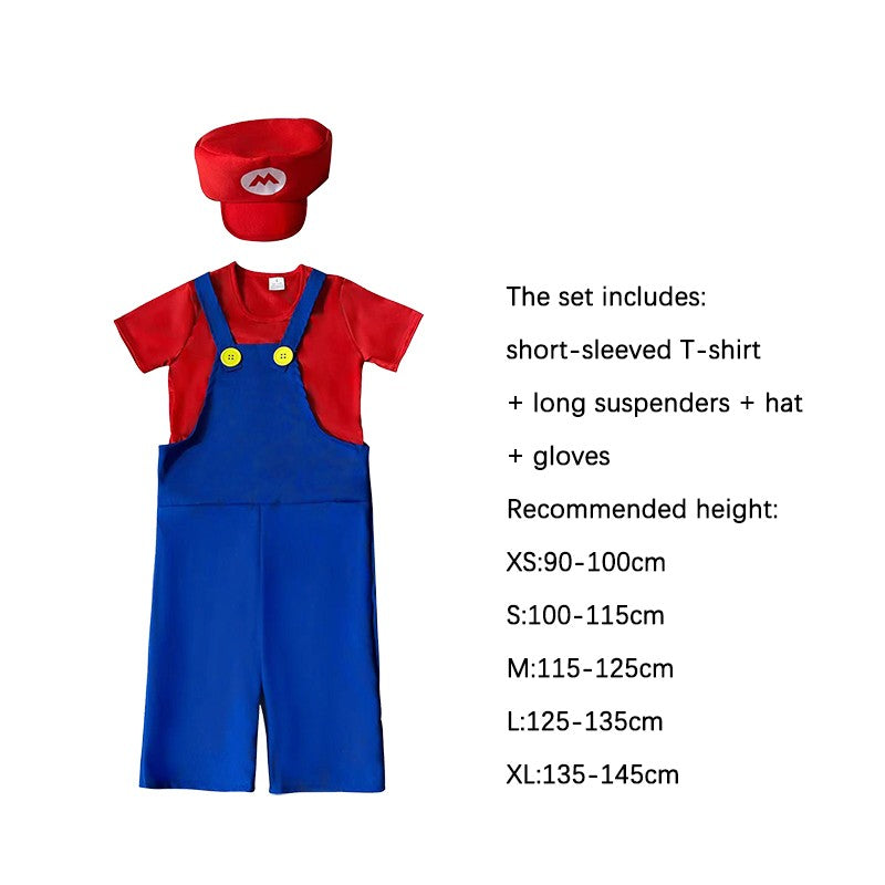 Game Super Brother Marios Luigi Bros Cosplay Costumes Short-sleeved T-shirt Overalls Suit Man Kids Carnival Halloween Costumes