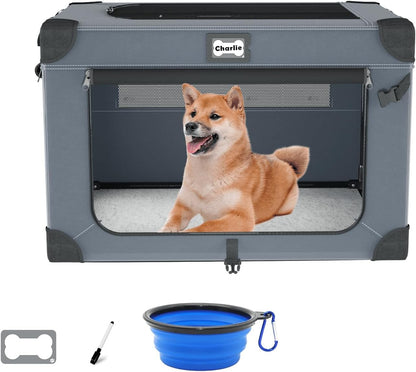 30 Inch Soft Dog Crate, Collapsible Travel Kennel for Medium Dogs, 3-Door with Mesh Windows, Blanket & Bowl