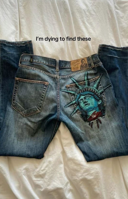 American Vintage 2000s Diamonds Jeans Y2k Statue of liberty Casual Denim Pants Low Waist Straight Wide Leg Jeans Women Clothing
