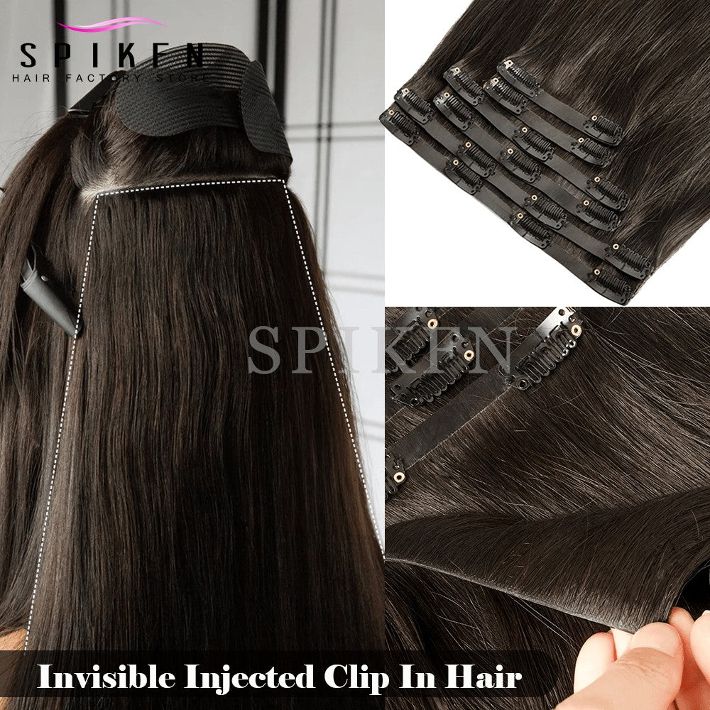 Mega Hair de Tic Tac Invisible PU Extensões de Cabelo Humano Liso Chocolate Castanho Máquina Remy 100-120g 7 Peças/Conjunto
