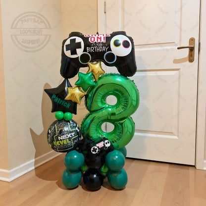 31pcs Gamepad Theme Balloon Green Number Birthday Balloon Set Game Theme Party Decoration Birthday Surprise Gifts