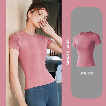 2024 Women's Sports Fitness Clothing Slim Running Sweat Absorbing Skinny Yoga Clothes Quick Drying Clothes Short Sleeved T-shirt