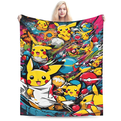 Cobertor de Flanela com Cena Clássica de Pokémon para Cama Super Quente, Mantas para Sofá, Cadeira, Piquenique, Colcha Engraçada, Capa para Sofá-Cama