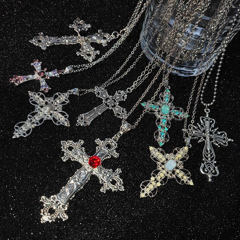 Gothic Big Zircon Cross Necklace Unisex Y2K Irregular Goth Large Cross Pendant Necklaces  for Men Women Couple Necklace Jewelry