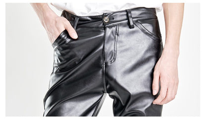New Men Solid Color Slim Fit Faux Leather Pants Green / White / Black Homme Bar KTV High Street Biker Trousers