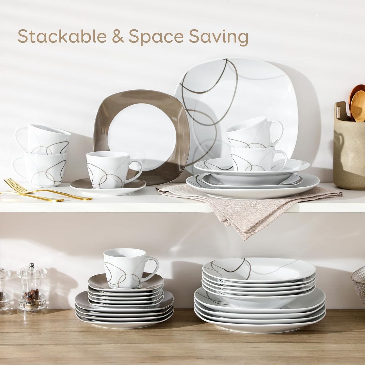 Conjunto de Louça de 30 Peças Marfim Branco Linhas Marrons Porcelana Fina Cerâmica Conjuntos Combinados de Pratos de Sobremesa/Pratos Fundos/Pratos Rasos