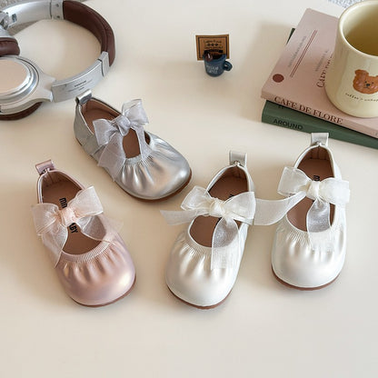 Baby Girl Princess Shoes Shine Surface Korean Style Lace Bow Casual Flats Non-Slip Toddler Kid Wedding Party Adorable Baby Shoes