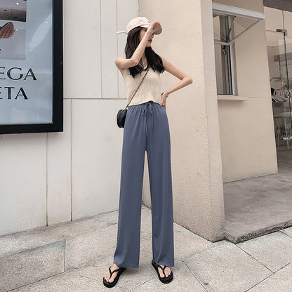 Ice Silk Wide-Leg Pants Women Cool Sweatpants Summer Thin Pleat Loose Straight Pants Office Lady Casual Drawstring Long Trousers