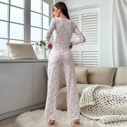 Autumn Winter Pajamas Set Women Sleepwear Floral Print Lettuce Trim Top with Long Pant Lovely Loungewear Full Sleeve Nightwear
