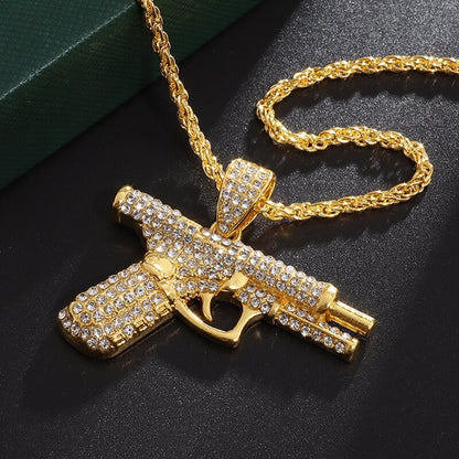 Pingente de Pistola com Gelo Cravejado Bling Colar de Metralhadora Masculino Personalidade Hip Hop Rock Punk Joia Legal para Festa de Rua Presente