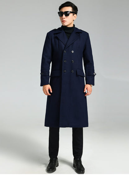 Nerazzurri Autumn Winter Long Elegant Luxury Chic Navy Blue Warm Woolen Coat for Men Double Breasted Wool & blends Overcoat 2023