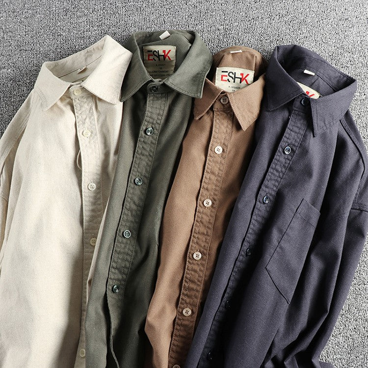 2025 Spring New Japanese Retro Long Sleeve Lapel Cotton and Linen Cargo Shirt Men's Simple Single Pocket Casual Loose Blouses