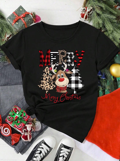 Casual Women Christmas T Shirt Fashion Cute Deer Leopard Christmas Tree Print T-shirt Cartoon Printed Short Sleeve Female T-Shir