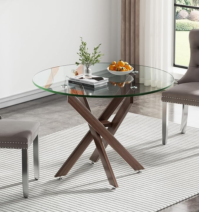35.4'' Glass Top Round Dining Table for 2-4 People, Sturdy Walnut Metal Legs, Round Glass Kitchen Table for Apartment, Space Sav