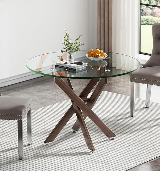 35.4'' Glass Top Round Dining Table for 2-4 People, Sturdy Walnut Metal Legs, Round Glass Kitchen Table for Apartment, Space Sav