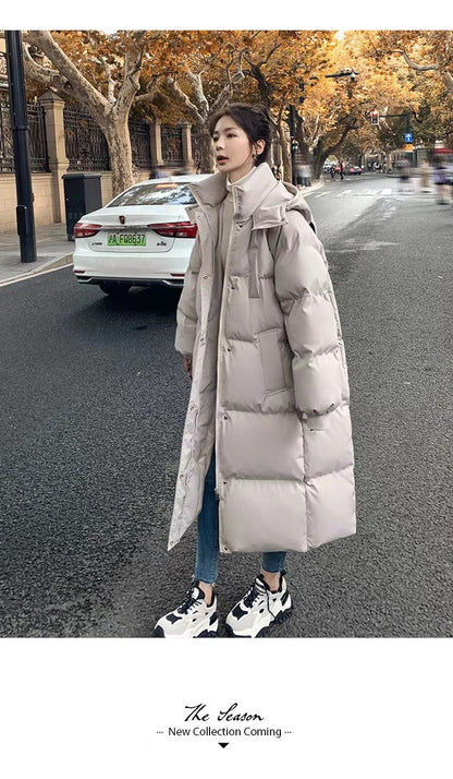 Long Thickened Down Cotton Bread Style Coat Women's Winter 2025 Outerwear Korean Loose Long Knee Length Solid Hooded Jacket