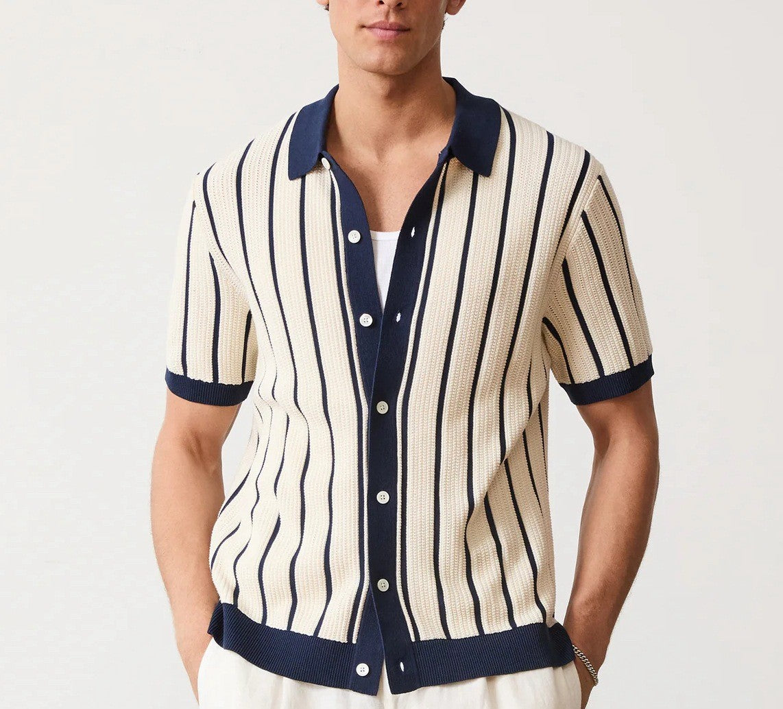 New Summer Men's Striped Knit Polo Shirts Fashion Patchwork Short Sleeve Turn Down Collar Smart Casual Polos Men Knitted Tops