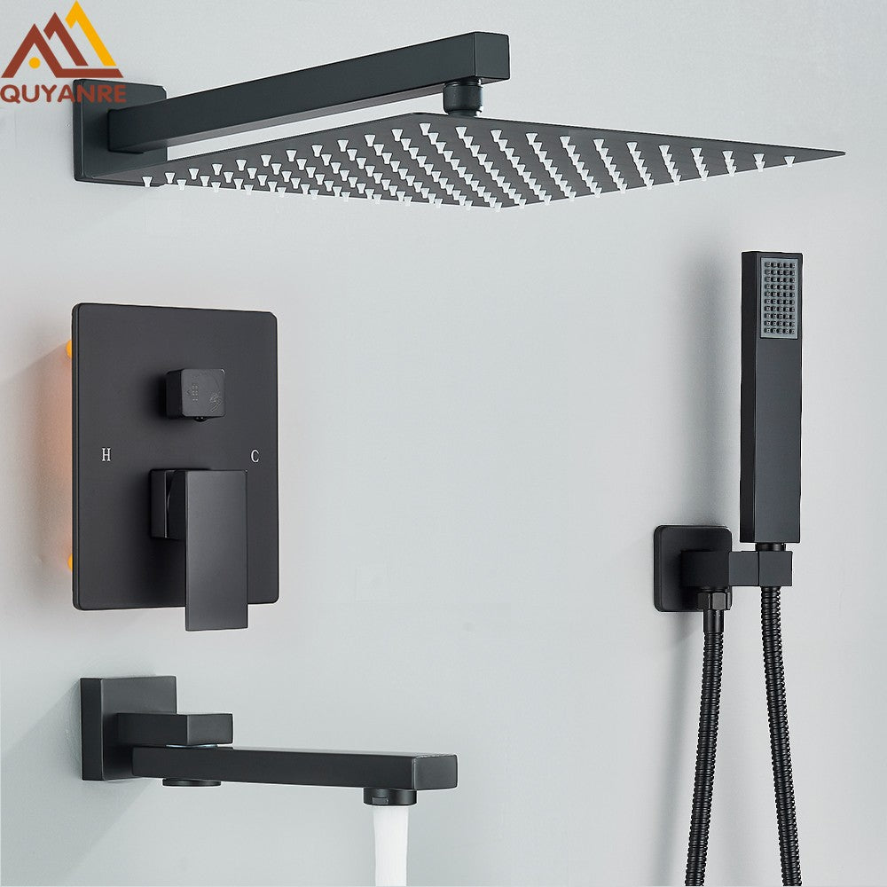Black Concealed Shower System Rain Waterfall Bathroom Embedded Shower Faucet Set with Tub Spout