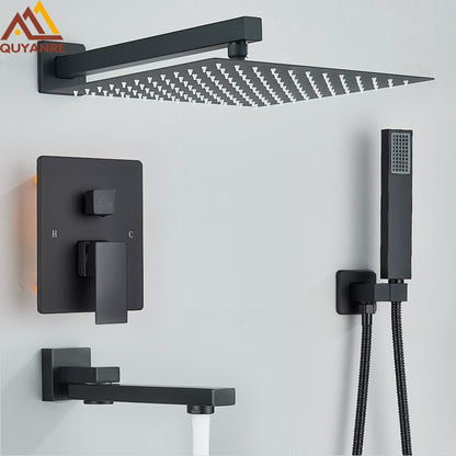 Black Concealed Shower System Rain Waterfall Bathroom Embedded Shower Faucet Set with Tub Spout