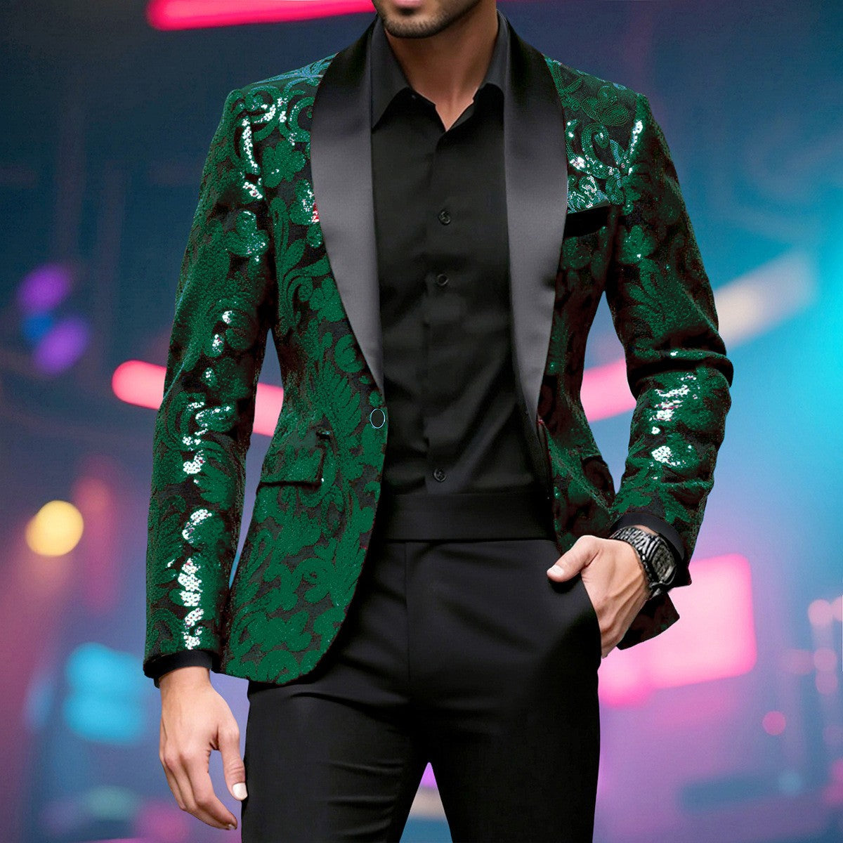 Shiny Sequin Embellished Single Button Stage Performance Outerwear in Blue Gold Green Purple Options for Men's Red Suit Jacket