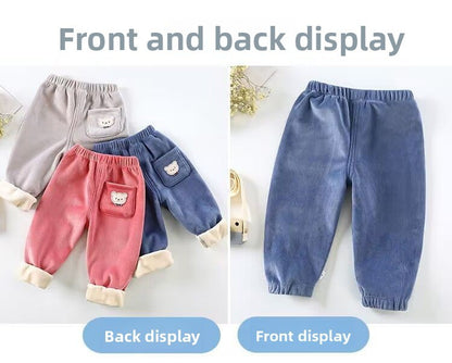 1pcs Boy Girl Winter Velvet Corduroy Kids Pants Little Bear Cartoon Mid Waist Warm Pantalones Baggy Thick Plush Children Trouser
