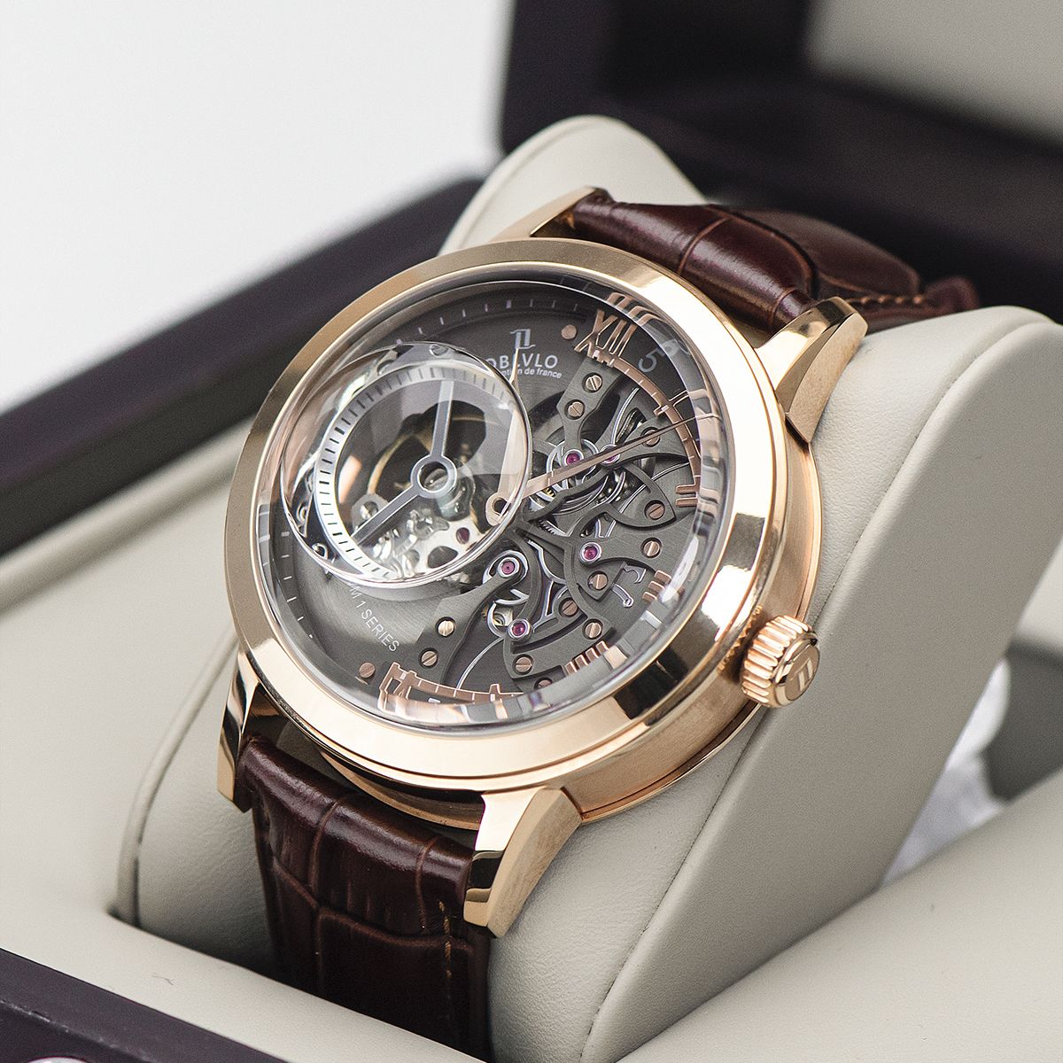 OBLVLO Luxury Retro Casual Men Skeleton Automatic Watches Mechanical Calfskin Strap Mineral Crystal Glass Waterproof Dial 45 VM