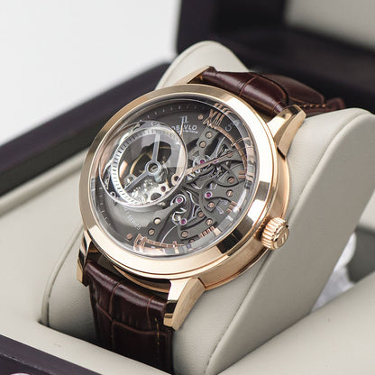 OBLVLO Luxury Retro Casual Men Skeleton Automatic Watches Mechanical Calfskin Strap Mineral Crystal Glass Waterproof Dial 45 VM