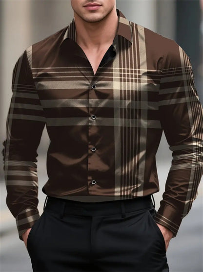 Men's plaid long-sleeved shirt, elegant casual wear, fashionable and trendy men's high-quality non-iron lapel top