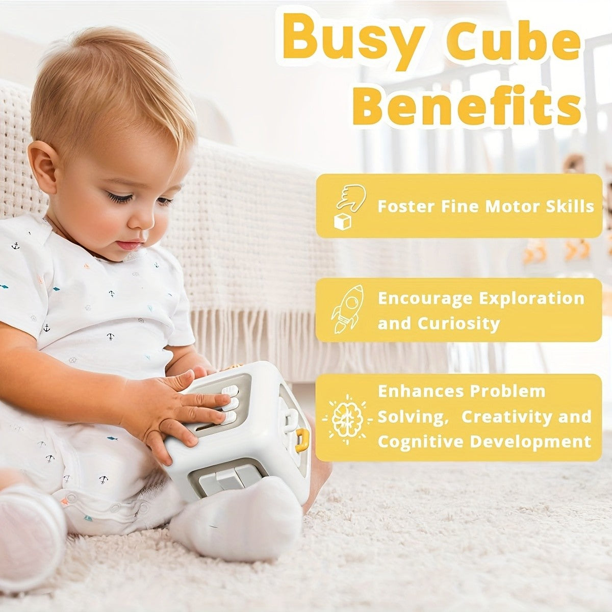 6-in-1 Busy Cube Toy for Baby - Enhances Fine Motor Skills & Early Learning, White with Yellow Accents, Montessori Puzzle Toy
