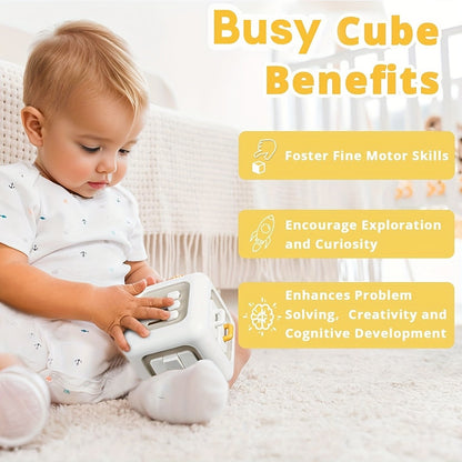 6-in-1 Busy Cube Toy for Baby - Enhances Fine Motor Skills & Early Learning, White with Yellow Accents, Montessori Puzzle Toy