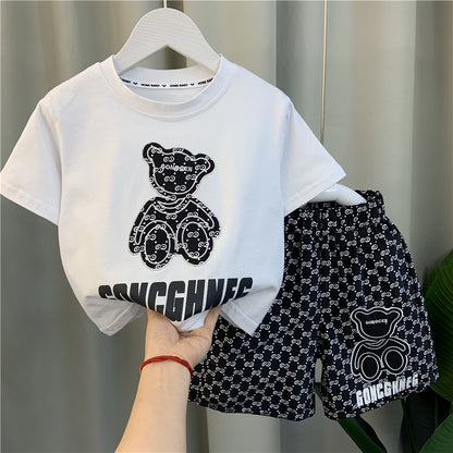 Conjunto de Roupa Infantil Menino Menina Camisetas e Shorts Estampados de Urso Cartoon 2 Peças Bebê Letra Impressa Top Calça Fato de Treino