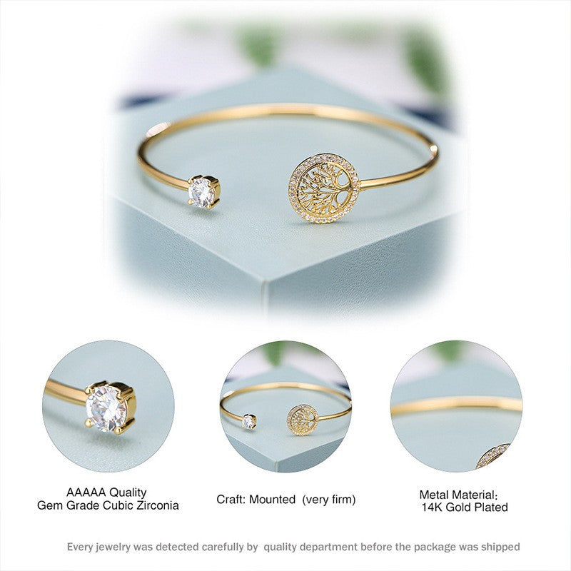Pulseira Elegante Árvore da Vida com Zircônia, Estilo Europeu e Americano, Simples e Delicada, para Mulheres, Aberta, Joia para Festas