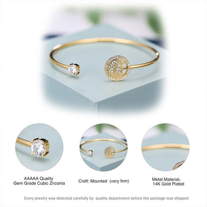 Pulseira Elegante Árvore da Vida com Zircônia, Estilo Europeu e Americano, Simples e Delicada, para Mulheres, Aberta, Joia para Festas