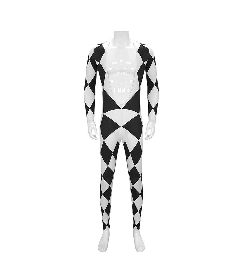 Freddie Mercury - Queen Harlequin Cosplay Costume Unitard Black and White Diamond Bodysuit with attached feet for Men