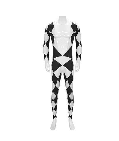 Freddie Mercury - Queen Harlequin Cosplay Costume Unitard Black and White Diamond Bodysuit with attached feet for Men